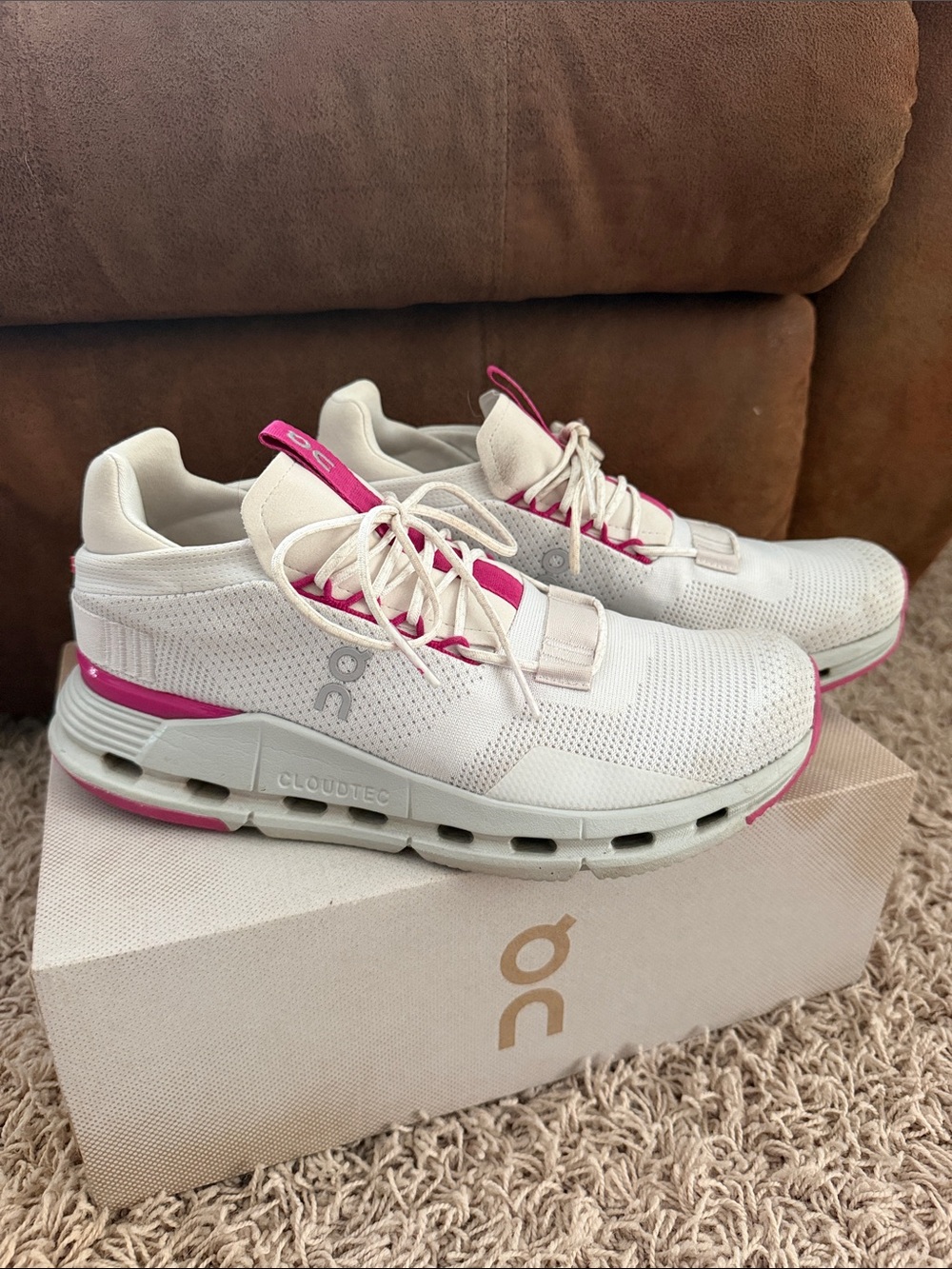 On Running Women's Cloud Sneakers in White and Pink